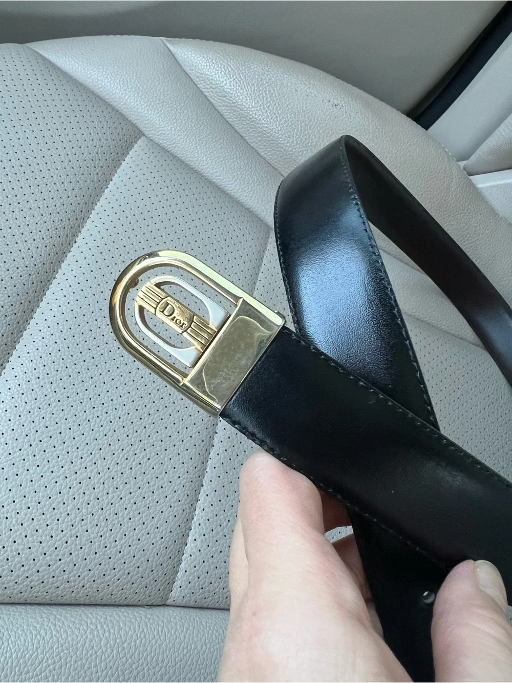 Vintage Christin Dior Black Leather Belt with Gold Silver Signature Buckle